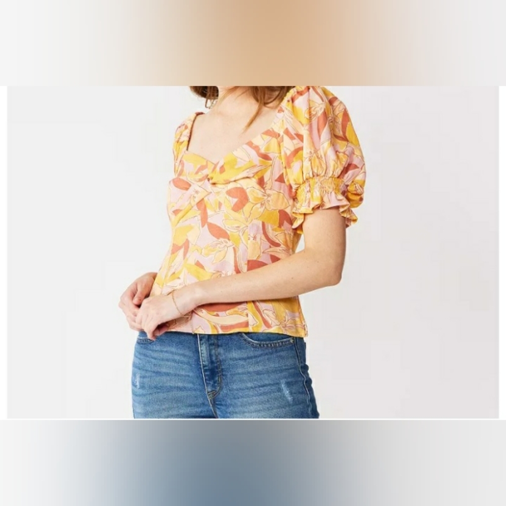 Nine West Wome's Twist Front Floral Puff Sleeve Top- Size Large